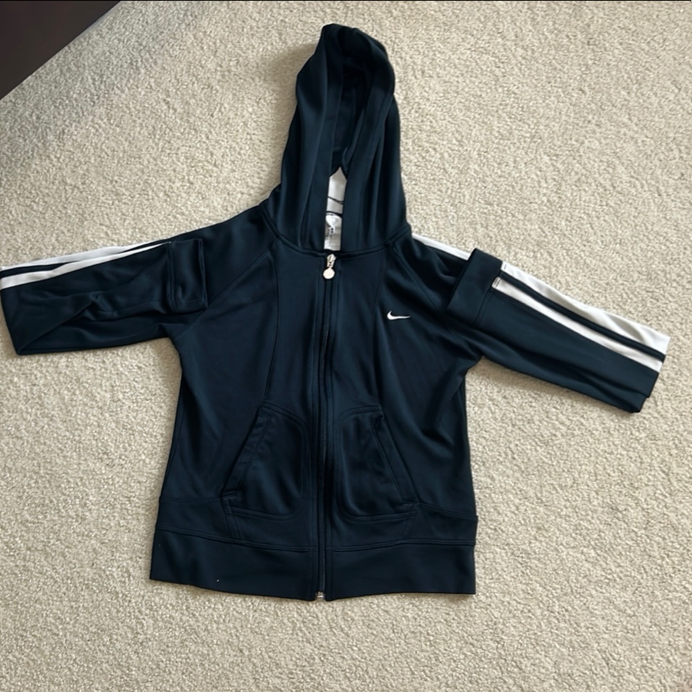 Nike Navy Blue and White Bomber Jacket with Sporty Trim